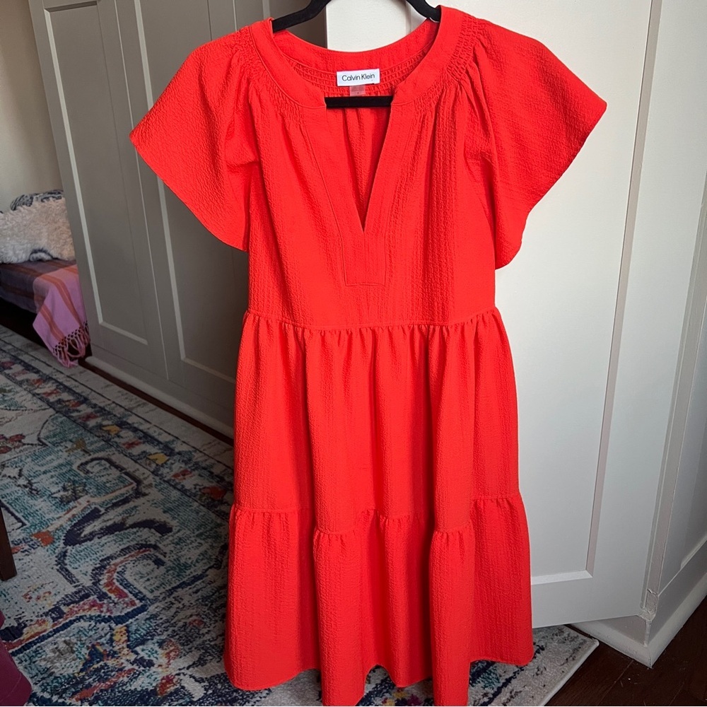 Calvin Klein Orange Smocked Tiered Flutter Sleeve Midi Dress